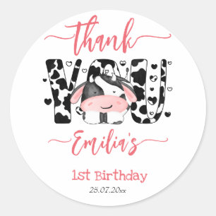 Sticker Rond Vache fête d'anniversaire vache motif rose merci