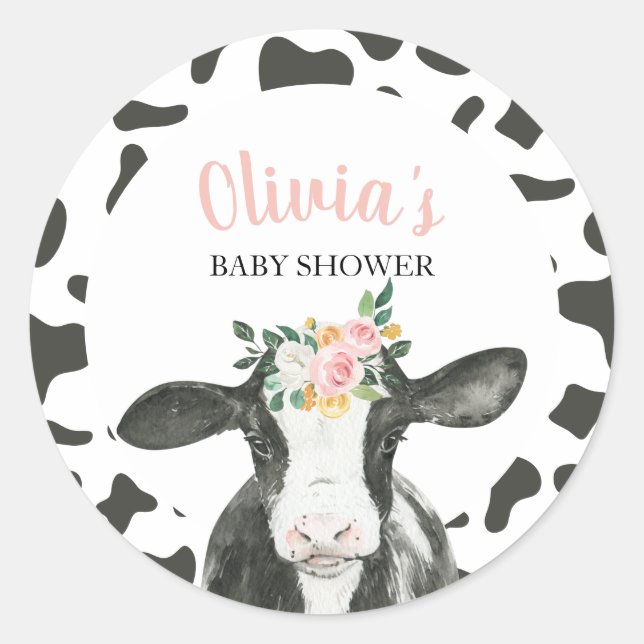 Sticker Rond Vache Fleurs roses et Gingham Baby Shower (Devant)