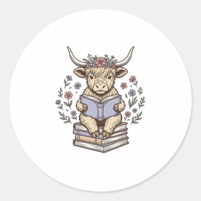 Sticker Rond Vache Florale de Lecture Mignonne Pile de Livres C (Devant)