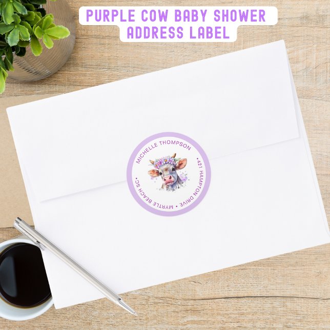 Sticker Rond Vache Florale Violette Adresse de Baby Shower (Créateur téléchargé)