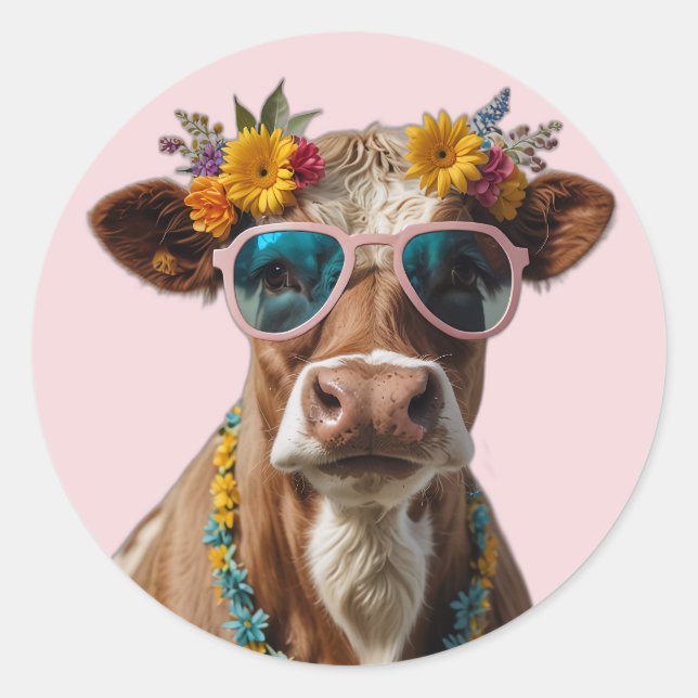 Sticker Rond Vache gaie avec lunettes de soleil (Devant)