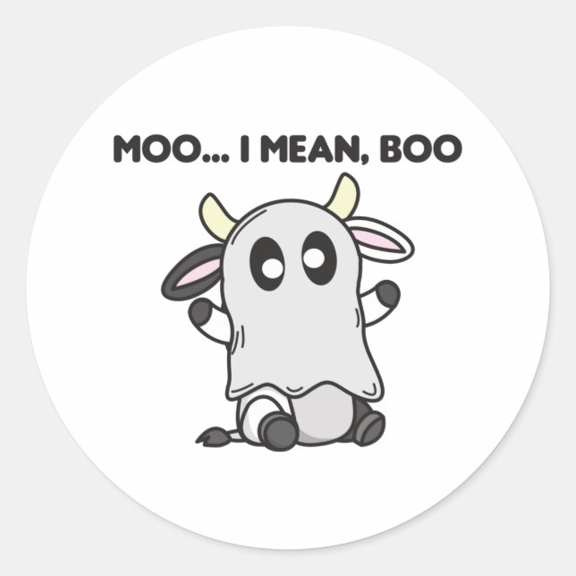 Sticker Rond Vache Ghost Cute Kawaii Halloween Moo I Mean Boo (Devant)