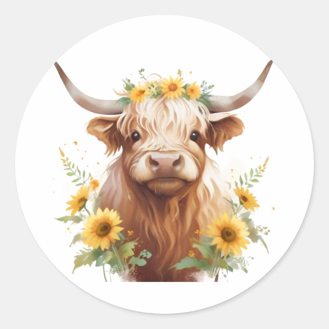 Sticker Rond Vache Highland avec Couronne de fleurs de tourneso (Devant)