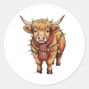 Sticker Rond Vache Highland Noël Noël Père Noël Baby Wooly Farm