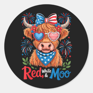 Sticker Rond Vache Highland Red White And Moo 4 juillet 250 Ans
