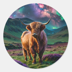 Sticker Rond Vache Highland sous les étoiles