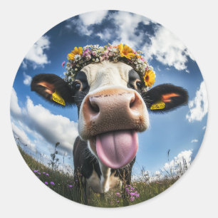 Sticker Rond Vache joyeuse en fleur