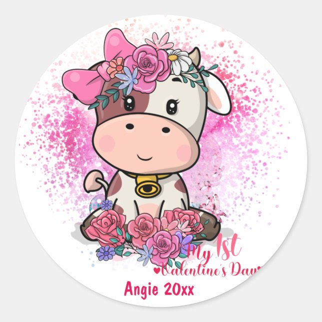 Sticker Rond Vache, ma première Saint Valentin (Devant)