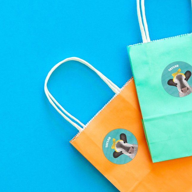 Sticker Rond Vache mignonne avec cabot Personnalisé (Créateur téléchargé)