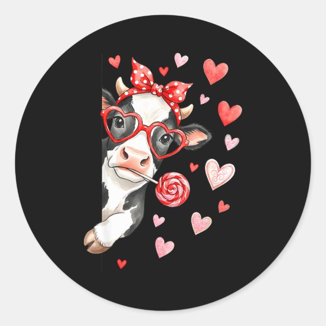 Sticker Rond Vache Mignonne Avec des Cœurs &amp; Bonbons - Vach (Devant)