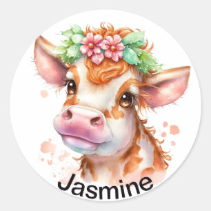 Sticker Rond Vache mignonne avec votre nom aquarelle fleurie