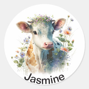 Sticker Rond Vache mignonne avec votre nom aquarelle florale cl
