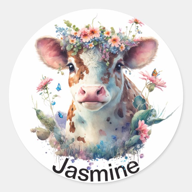 Sticker Rond Vache mignonne avec votre nom floral wreath aquare (Devant)