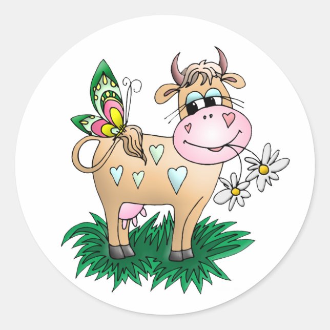 Sticker Rond Vache mignonne et papillon (Devant)