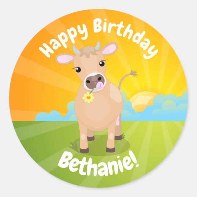 Sticker Rond Vache mignonne Jersey anniversaire personnalisé (Devant)