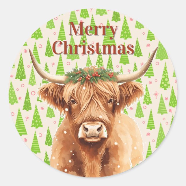 Sticker Rond Vache miniature de Noël à verdure Highland (Devant)