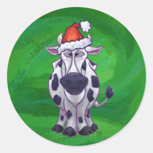 Sticker Rond Vache Noël sur vert