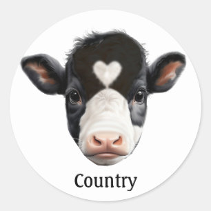 Sticker Rond Vache noire et blanche de campagne