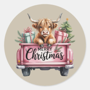 Sticker Rond Vache rose des Highlands Noël Fille Vache Fluffy D