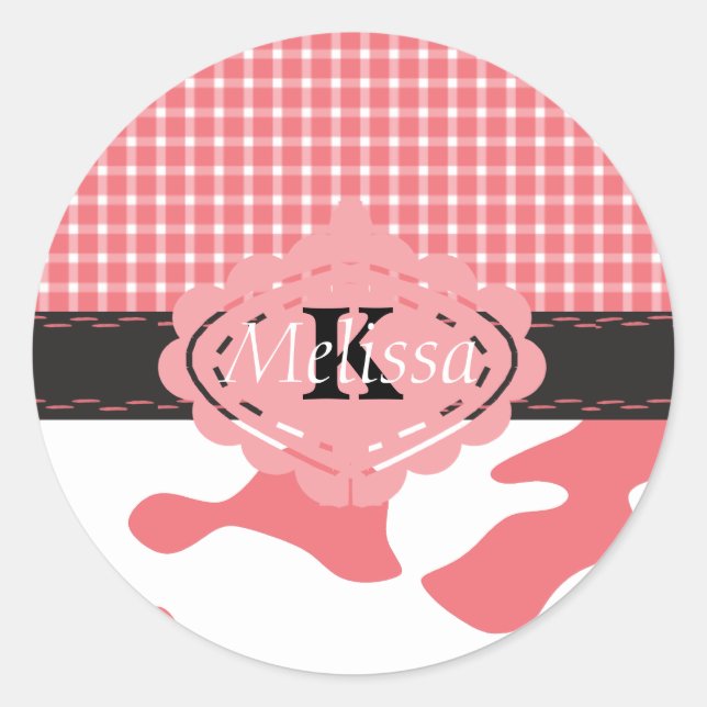 Sticker Rond Vache rose et monogramme plat du pays (Devant)
