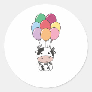Sticker Rond Vache S'Envole Avec Des Ballons Colorés