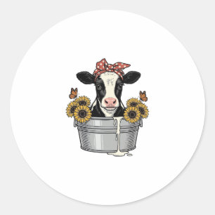 Sticker Rond Vache vintage dans un tuba Tournesol Papillon Vect