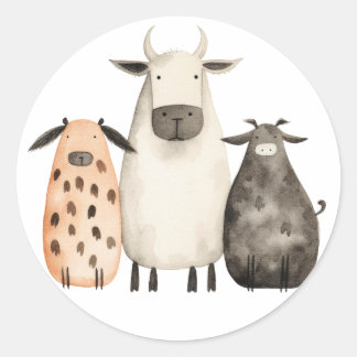 Sticker Rond vaches d'aquarelle mignonnes et amusantes famille