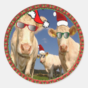 Sticker Rond Vaches de Noël avec lunettes et chapeaux de Père N