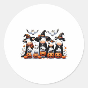 Sticker Rond Vaches Fantômes Drôle Halloween Animaux Chouettes 