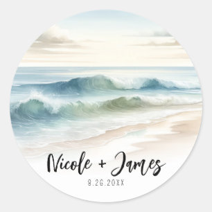 Sticker Rond Vagues de plage à l'aquarelle Mariage rustique côt