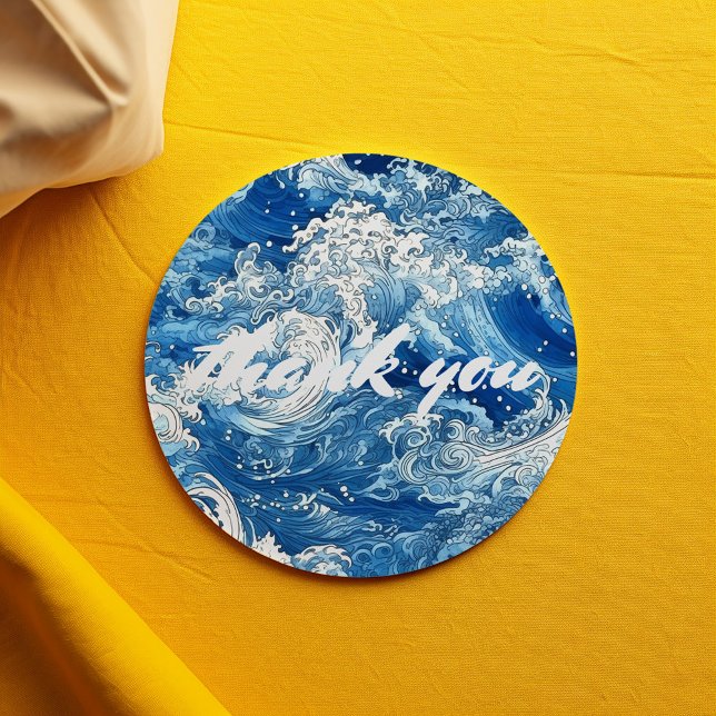 Sticker Rond Vagues déferlantes de l'océan bleu merci (Classic round stickers featuring a beautiful blue wave design.)