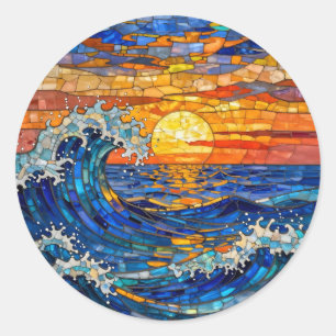 Sticker Rond Vagues océaniques côtières océaniques Coucher de s