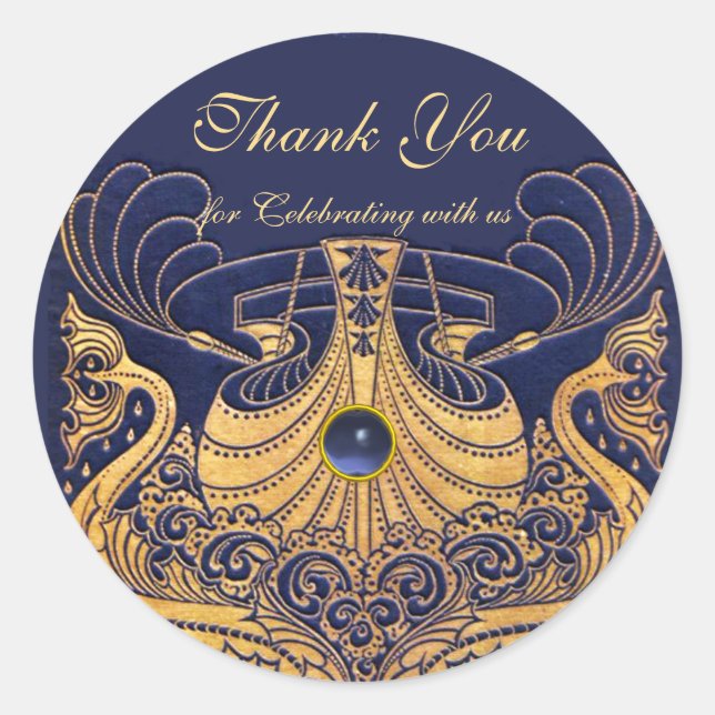 Sticker Rond Vaisseau antique, Dauphins, Or, Bleu marine "Merci (Devant)