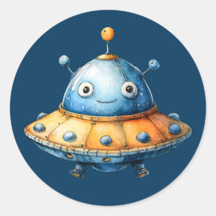 Sticker Rond Vaisseau Spatial Extraterrestre Aquarelle UFO Mign