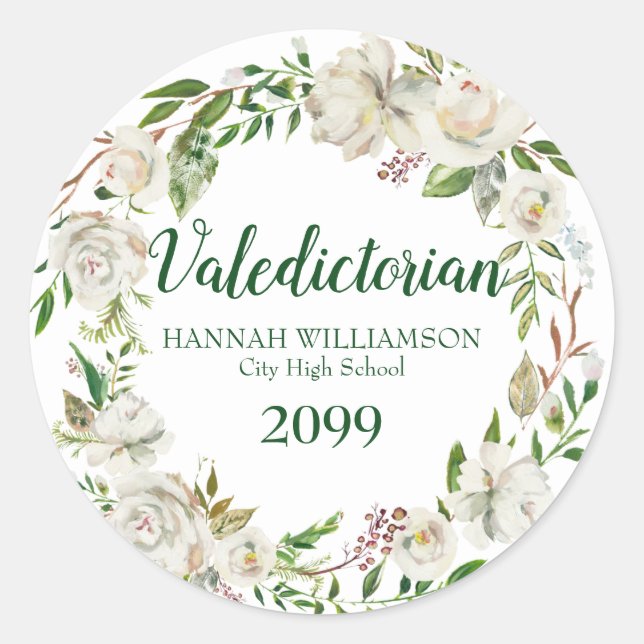 Sticker Rond Valedictorian Graduation Blanc Floral Personnalisé (Devant)