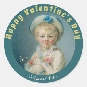 Sticker Rond Valentine Boy flowers Fragonard Pierrot CC1075