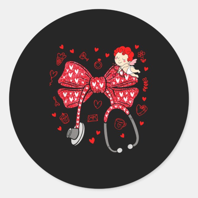 Sticker Rond Valentine Coquette Bow Nurse Stethoscope Nursing D (Devant)