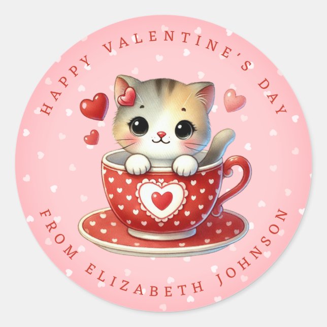 Sticker Rond Valentine Cute Kitten Nom personnalisé Stic rond (Devant)