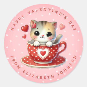 Sticker Rond Valentine Cute Kitten Nom personnalisé Stic rond