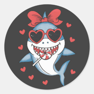 Sticker Rond Valentine Cute Shark Licking Lollipop