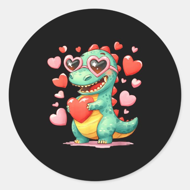 Sticker Rond Valentine Dinosaur Trex Holding Heart Girl Sunl Bo (Devant)