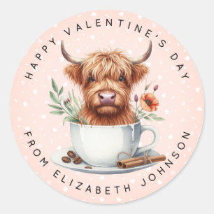 Sticker Rond Valentine Highland Cow Nom personnalisé Round Cl