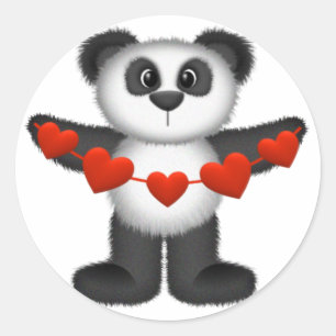 Sticker Rond Valentine Panda Ours tenant chaîne de Coeurs rouge