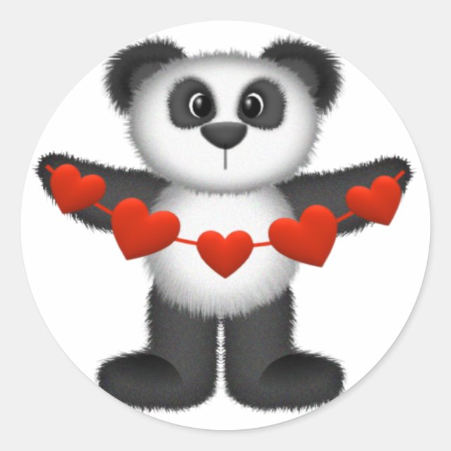 Sticker Rond Valentine Panda Ours tenant chaîne de Coeurs rouge (Devant)