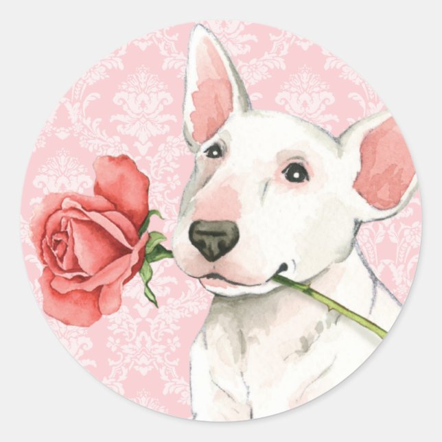Sticker Rond Valentine Rose Bull Terrier (Devant)