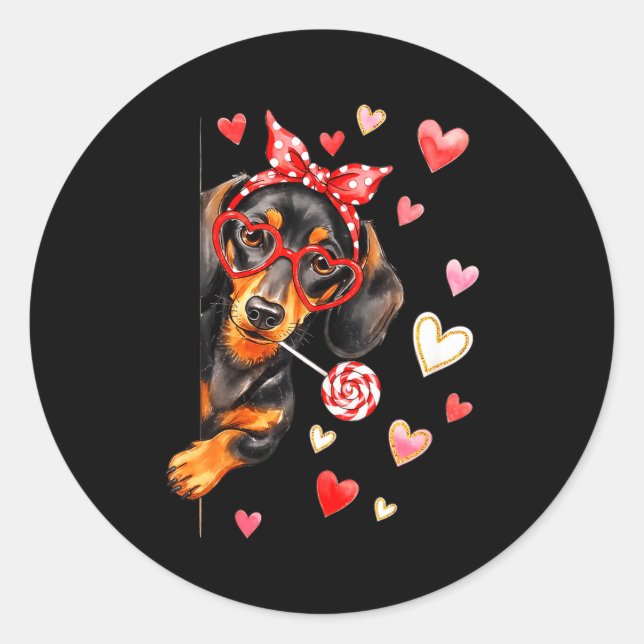 Sticker Rond Valentine’s Day Dog Cute Dachshund Dogs For Dog Mo (Devant)