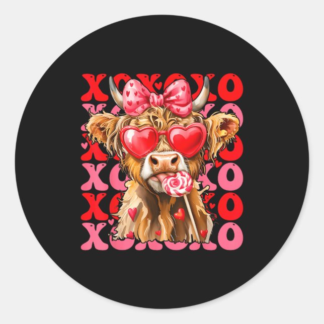 Sticker Rond Valentine Xoxo Highland Cow Cute Coquette Bow West (Devant)