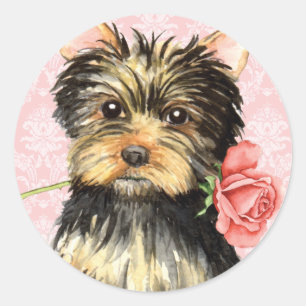 Sticker Rond Valentine Yorkie rose