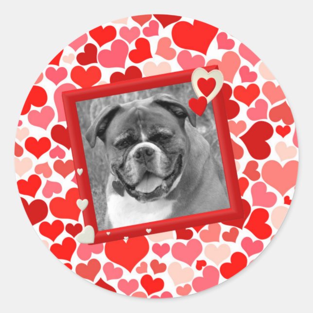 Sticker Rond Valentines Boxer Chien Coeurs (Devant)