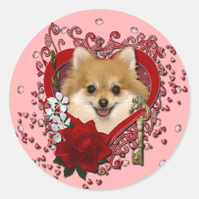 Sticker Rond Valentines - Clé de mon coeur - Poméranien (Devant)